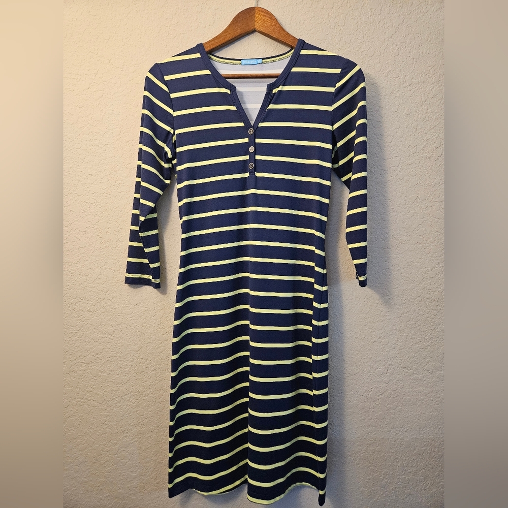 J. McLaughlin Catalina Cloth Lynn‎ Henley Dress Womens XS Navy Yellow Stripe